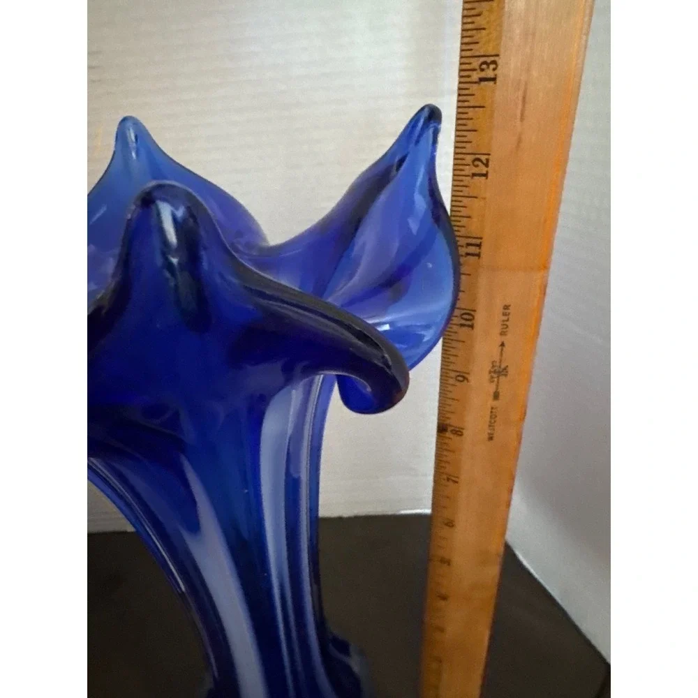IRCA Cobalt Blue Art Glass Vase Jack in the Pulpit Flared Ruffle Made in Ukraine